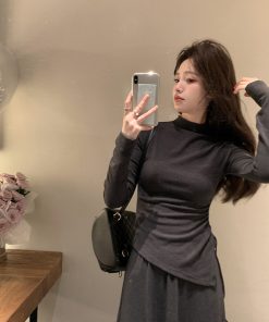 Gray Casual Knitted Two-Piece Set for Women - Slim Fit T-Shirt and Skirt - Spring Fashion Essential
