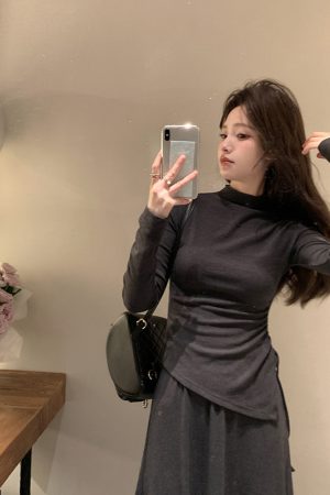 Gray Casual Knitted Two-Piece Set for Women - Slim Fit T-Shirt and Skirt - Spring Fashion Essential