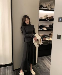 Gray Casual Knitted Two-Piece Set for Women - Slim Fit T-Shirt and Skirt - Spring Fashion Essential