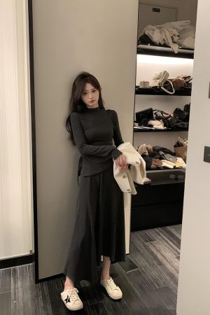 Gray Casual Knitted Two-Piece Set for Women - Slim Fit T-Shirt and Skirt - Spring Fashion Essential