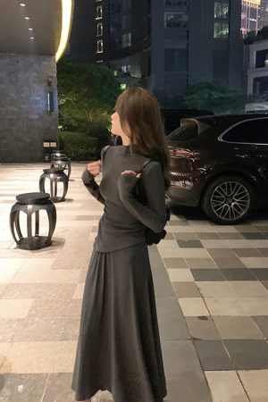 Gray Casual Knitted Two-Piece Set for Women - Slim Fit T-Shirt and Skirt - Spring Fashion Essential