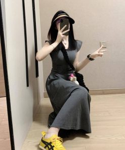 Gray Casual Round Neck Short Sleeve T-Shirt Dress for Women, Waist-Cinching, Slimming Elegant Summer Style, High-Quality Long Dress