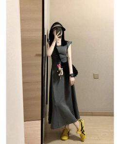 Gray Casual Round Neck Short Sleeve T-Shirt Dress for Women, Waist-Cinching, Slimming Elegant Summer Style, High-Quality Long Dress