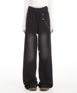 Gray Casual Sweatpants for Women, American Straight Leg with Three Stripes and Chain Detail, Loose Fit, Y2K Style
