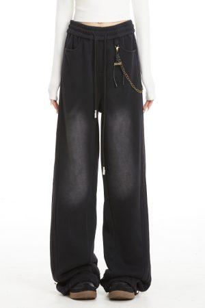 Gray Casual Sweatpants for Women, American Straight Leg with Three Stripes and Chain Detail, Loose Fit, Y2K Style