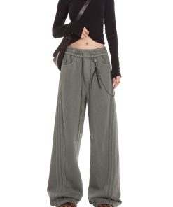 Gray Casual Sweatpants for Women, American Straight Leg with Three Stripes and Chain Detail, Loose Fit, Y2K Style