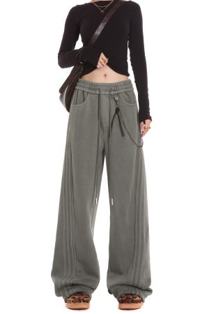 Gray Casual Sweatpants for Women, American Straight Leg with Three Stripes and Chain Detail, Loose Fit, Y2K Style