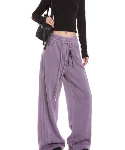 Gray Casual Sweatpants for Women, American Straight Leg with Three Stripes and Chain Detail, Loose Fit, Y2K Style