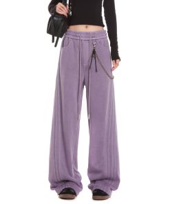 Gray Casual Sweatpants for Women, American Straight Leg with Three Stripes and Chain Detail, Loose Fit, Y2K Style