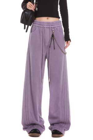 Gray Casual Sweatpants for Women, American Straight Leg with Three Stripes and Chain Detail, Loose Fit, Y2K Style