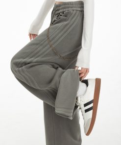 Gray Casual Sweatpants for Women, American Straight Leg with Three Stripes and Chain Detail, Loose Fit, Y2K Style