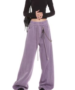 Gray Casual Sweatpants for Women, American Straight Leg with Three Stripes and Chain Detail, Loose Fit, Y2K Style