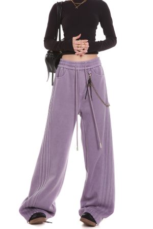 Gray Casual Sweatpants for Women, American Straight Leg with Three Stripes and Chain Detail, Loose Fit, Y2K Style