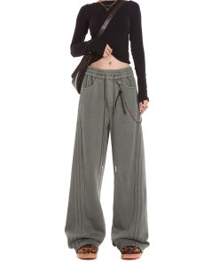 Gray Casual Sweatpants for Women, American Straight Leg with Three Stripes and Chain Detail, Loose Fit, Y2K Style