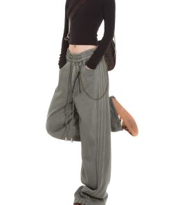 Gray Casual Sweatpants for Women, American Straight Leg with Three Stripes and Chain Detail, Loose Fit, Y2K Style