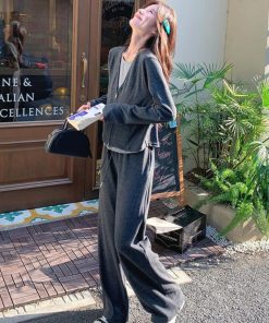 Gray Casual Two-Piece Set for Women, Spring 2025 Korean Style Faux Layered Top with Wide-Leg Pants, Effortless Y2K Fashion