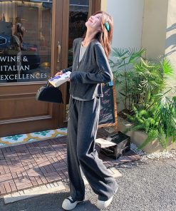 Gray Casual Two-Piece Set for Women, Spring 2025 Korean Style Faux Layered Top with Wide-Leg Pants, Effortless Y2K Fashion