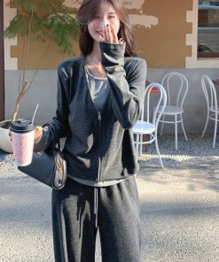 Gray Casual Two-Piece Set for Women, Spring 2025 Korean Style Faux Layered Top with Wide-Leg Pants, Effortless Y2K Fashion