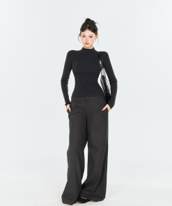 Gray Half-High Neck Long Sleeve Knitted Top for Women - Elastic Slim-Fit Waist-Cinching Base Layer, Trendy Korean Style Fashion