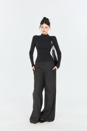 Gray Half-High Neck Long Sleeve Knitted Top for Women - Elastic Slim-Fit Waist-Cinching Base Layer, Trendy Korean Style Fashion