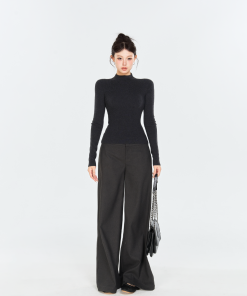 Gray Half-High Neck Long Sleeve Knitted Top for Women - Elastic Slim-Fit Waist-Cinching Base Layer, Trendy Korean Style Fashion