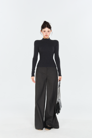 Gray Half-High Neck Long Sleeve Knitted Top for Women - Elastic Slim-Fit Waist-Cinching Base Layer, Trendy Korean Style Fashion