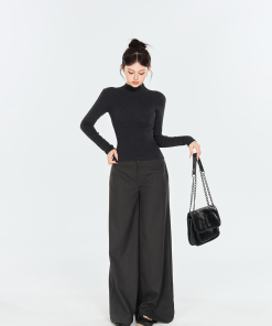 Gray Half-High Neck Long Sleeve Knitted Top for Women - Elastic Slim-Fit Waist-Cinching Base Layer, Trendy Korean Style Fashion