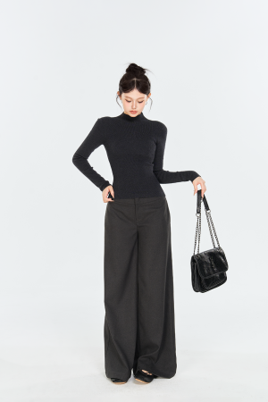 Gray Half-High Neck Long Sleeve Knitted Top for Women - Elastic Slim-Fit Waist-Cinching Base Layer, Trendy Korean Style Fashion