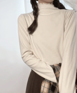 Gray Half-Turtleneck Layered Base Top with Warm Cream White Long Sleeves and Pudding Bear Design - Trendy Y2K Style