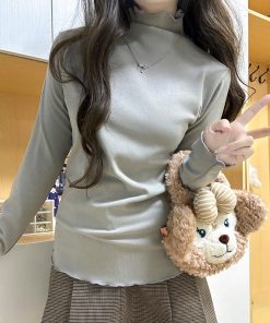 Gray Half-Turtleneck Layered Base Top with Warm Cream White Long Sleeves and Pudding Bear Design - Trendy Y2K Style