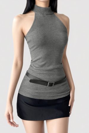 Gray High Neck Sleeveless Knitted Vest - Retro Miu Series Solid Color Backless Top for a Sexy, Waist-Cinching Look - Y2K Fashion