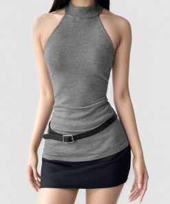 Gray High Neck Sleeveless Knitted Vest - Retro Miu Series Solid Color Backless Top for a Sexy, Waist-Cinching Look - Y2K Fashion