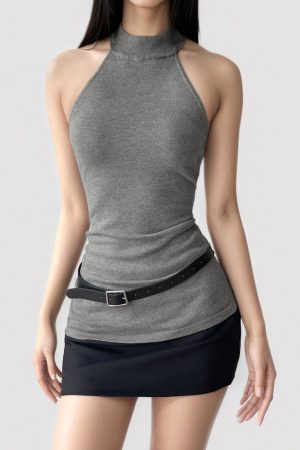 Gray High Neck Sleeveless Knitted Vest - Retro Miu Series Solid Color Backless Top for a Sexy, Waist-Cinching Look - Y2K Fashion