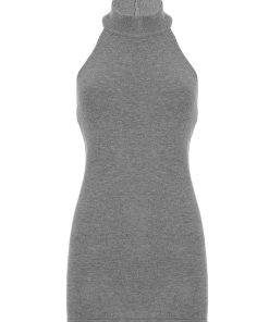Gray High Neck Sleeveless Knitted Vest - Retro Miu Series Solid Color Backless Top for a Sexy, Waist-Cinching Look - Y2K Fashion