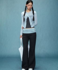 Gray High Waist Flared Pants for Women - Slim Fit Fake Two-Piece Casual Style for Spring 2025, Y2K Inspired Fashion