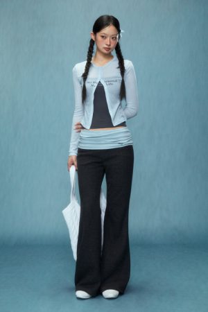 Gray High Waist Flared Pants for Women - Slim Fit Fake Two-Piece Casual Style for Spring 2025, Y2K Inspired Fashion