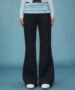 Gray High Waist Flared Pants for Women - Slim Fit Fake Two-Piece Casual Style for Spring 2025, Y2K Inspired Fashion