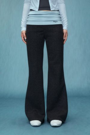 Gray High Waist Flared Pants for Women - Slim Fit Fake Two-Piece Casual Style for Spring 2025, Y2K Inspired Fashion