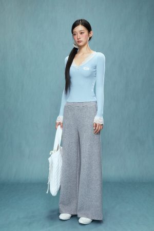 Gray High-Waisted Wide-Leg Pants for Women - Casual Autumn Winter 2025, Comfortable Sweatpants, Trendy Everyday Style
