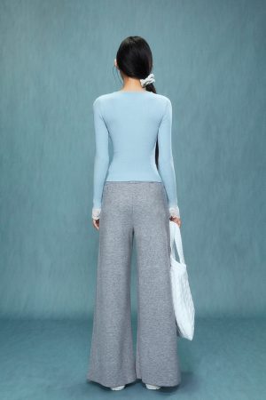 Gray High-Waisted Wide-Leg Pants for Women - Casual Autumn Winter 2025, Comfortable Sweatpants, Trendy Everyday Style