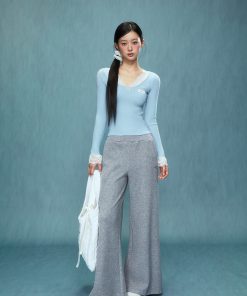Gray High-Waisted Wide-Leg Pants for Women - Casual Autumn Winter 2025, Comfortable Sweatpants, Trendy Everyday Style