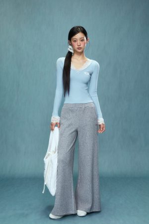 Gray High-Waisted Wide-Leg Pants for Women - Casual Autumn Winter 2025, Comfortable Sweatpants, Trendy Everyday Style
