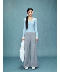 Gray High-Waisted Wide-Leg Pants for Women - Casual Autumn Winter 2025, Comfortable Sweatpants, Trendy Everyday Style