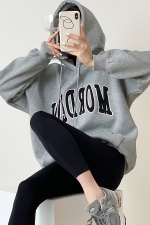 Gray Hooded Embroidered Sweatshirt for Women - Vintage American Style, Thick Plush, Loose Fit, Ideal for Autumn and Winter