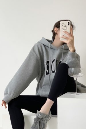 Gray Hooded Embroidered Sweatshirt for Women - Vintage American Style, Thick Plush, Loose Fit, Ideal for Autumn and Winter