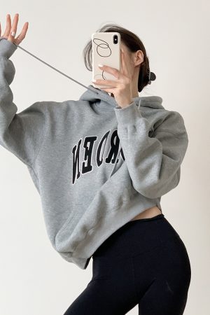 Gray Hooded Embroidered Sweatshirt for Women - Vintage American Style, Thick Plush, Loose Fit, Ideal for Autumn and Winter