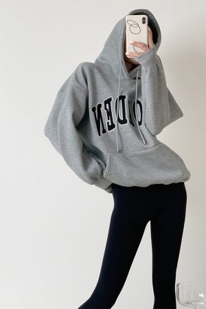 Gray Hooded Embroidered Sweatshirt for Women - Vintage American Style, Thick Plush, Loose Fit, Ideal for Autumn and Winter