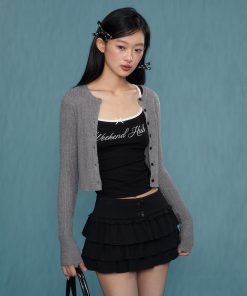 Gray Knitted Cardigan for Women - Spring Autumn Long Sleeve Short Sweater Coat - 2025 Fashion Trend