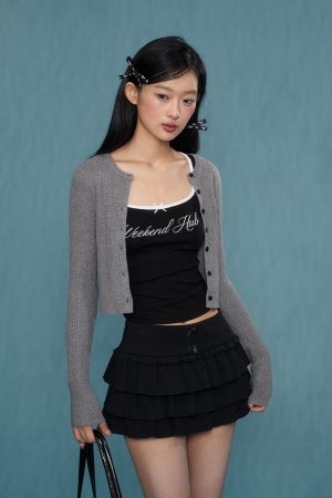 Gray Knitted Cardigan for Women - Spring Autumn Long Sleeve Short Sweater Coat - 2025 Fashion Trend