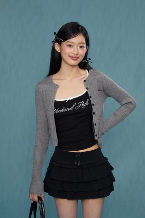 Gray Knitted Cardigan for Women - Spring Autumn Long Sleeve Short Sweater Coat - 2025 Fashion Trend